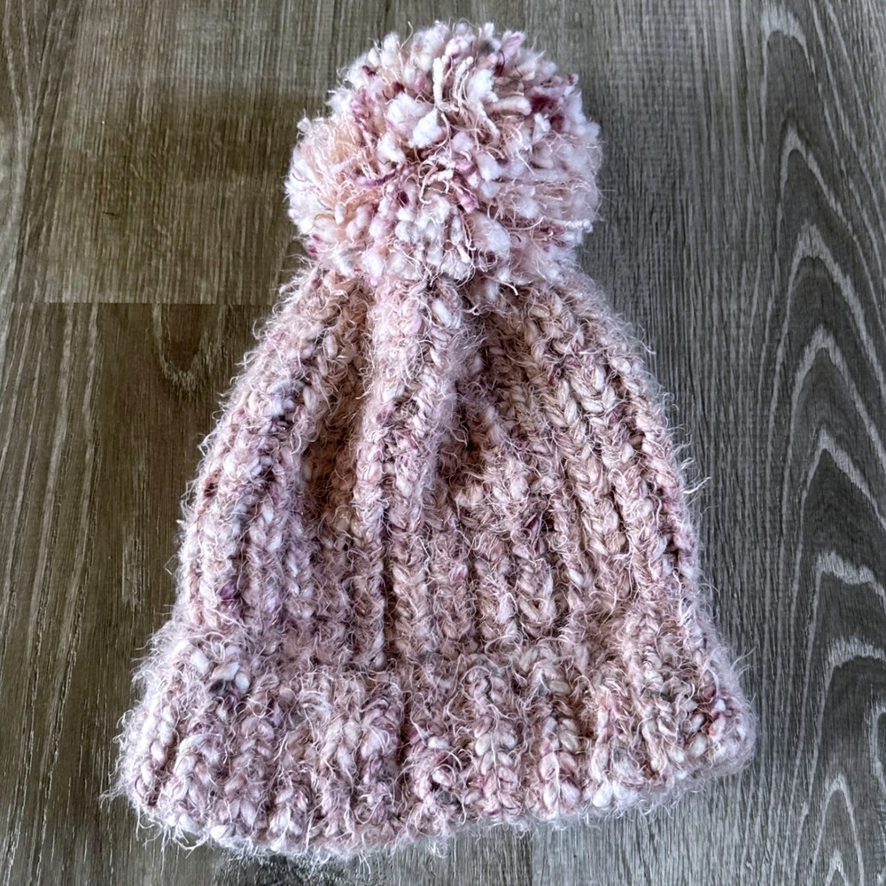 Pink Marled Chunky Knit Pom Pom Beanie Hat Cabin Cozy Pastel Coquette Soft ana